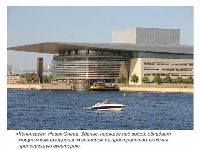 Копенгаген, Новая Опера. Здание, парящее над водой, обладает мощным композиционным влиянием на пространство, включая прилегающую акваторию.