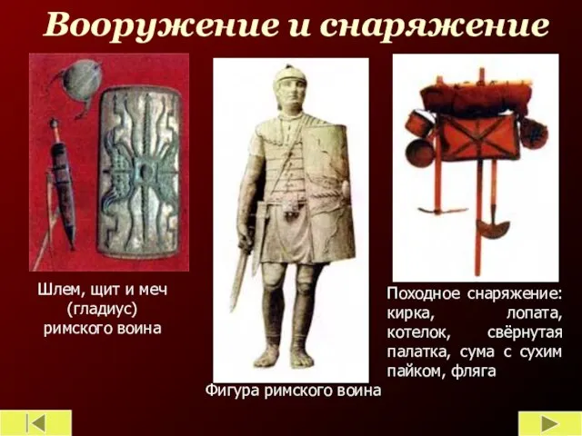 Вооружение и снаряжение Шлем, щит и меч (гладиус) римского воина Фигура