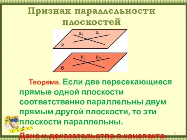 Признак параллельности плоскостей Теорема. Если две пересекающиеся прямые одной плоскости соответственно