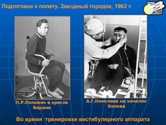 П.Р.Попович в кресле Барани А.Г.Николаев на качелях Хилова Во время тренировки