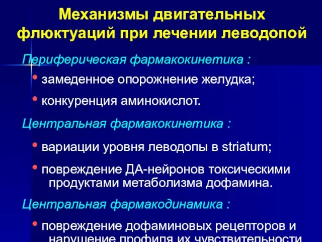 Механизмы двигательных флюктуаций при лечении леводопой Периферическая фармакокинетика : замеденное опорожнение