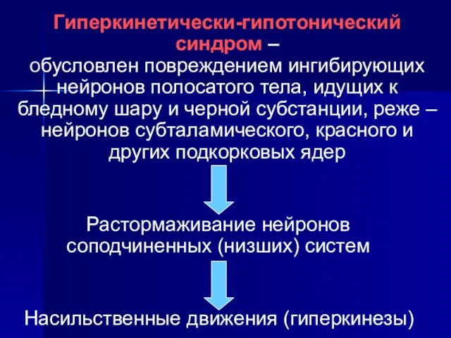 Гиперкинетически-гипотонический синдром – обусловлен повреждением ингибирующих нейронов полосатого тела, идущих к