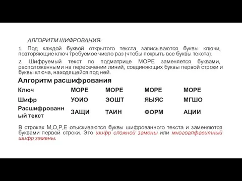 АЛГОРИТМ ШИФРОВАНИЯ: 1. Под каждой буквой открытого текста записываются буквы ключи,