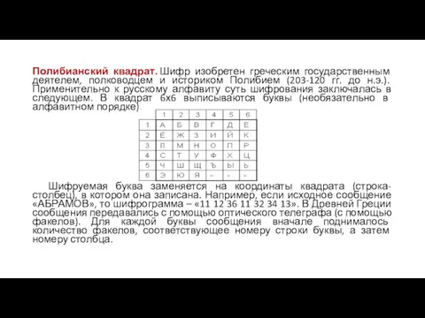 Полибианский квадрат. Шифр изобретен греческим государственным деятелем, полководцем и историком Полибием