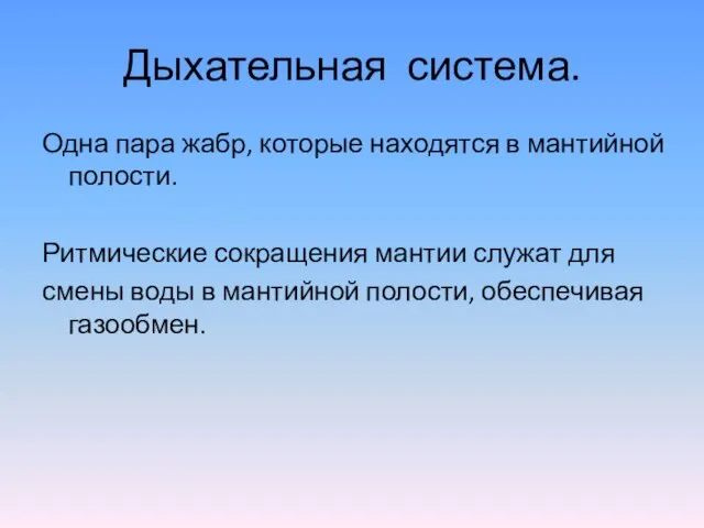 Дыхательная система. Одна пара жабр, которые находятся в мантийной полости. Ритмические