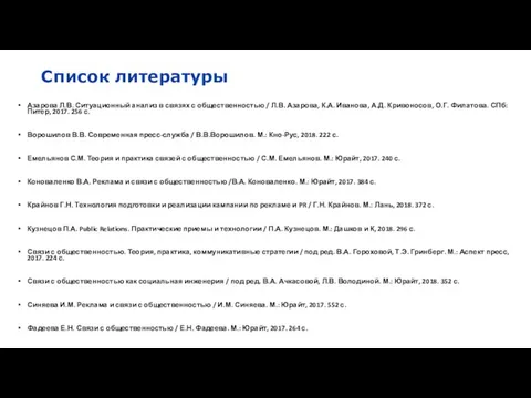 Список литературы Азарова Л.В. Ситуационный анализ в связях с общественностью /