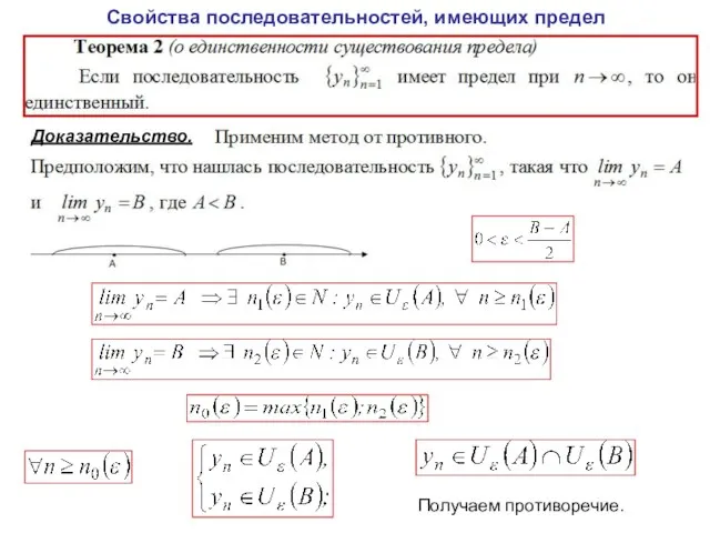 Свойства последовательностей, имеющих предел Доказательство. Получаем противоречие.