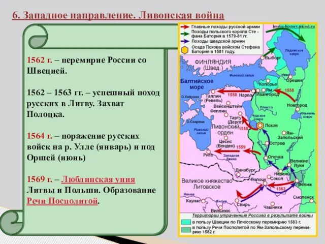 6. Западное направление. Ливонская война 1558 г. - русские войска захватили