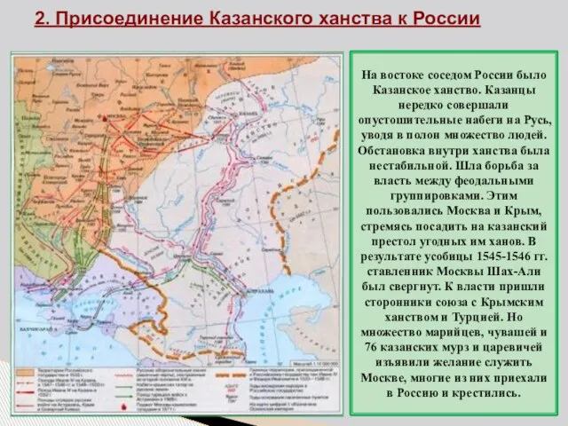 2. Присоединение Казанского ханства к России На востоке соседом России было