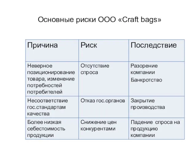 Основные риски OOO «Craft bags»