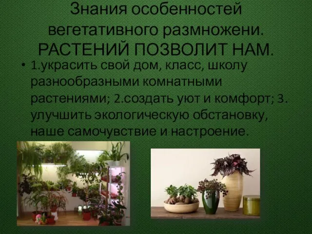 Знания особенностей вегетативного размножени. РАСТЕНИЙ ПОЗВОЛИТ НАМ. 1.украсить свой дом, класс,