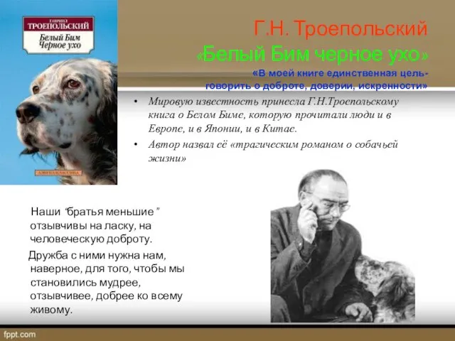 Г.Н. Троепольский «Белый Бим черное ухо» «В моей книге единственная цель-