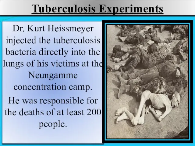 Tuberculosis Experiments Dr. Kurt Heissmeyer injected the tuberculosis bacteria directly into