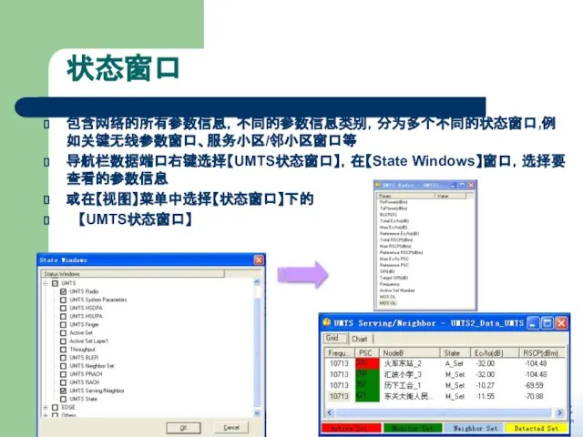 状态窗口 包含网络的所有参数信息，不同的参数信息类别，分为多个不同的状态窗口,例如关键无线参数窗口、服务小区/邻小区窗口等 导航栏数据端口右键选择【UMTS状态窗口】，在【State Windows】窗口，选择要查看的参数信息 或在【视图】菜单中选择【状态窗口】下的 【UMTS状态窗口】