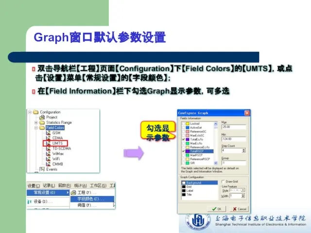 Graph窗口默认参数设置 双击导航栏【工程】页面【Configuration】下【Field Colors】的【UMTS】，或点击【设置】菜单【常规设置】的【字段颜色】； 在【Field Information】栏下勾选Graph显示参数，可多选 勾选显示参数