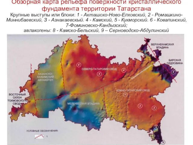 Обзорная карта рельефа поверхности кристаллического фундамента территории Татарстана Крупные выступы или
