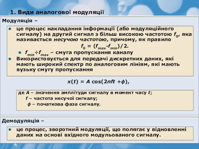 1. Види аналогової модуляції Модуляція – це процес накладання інформації (або