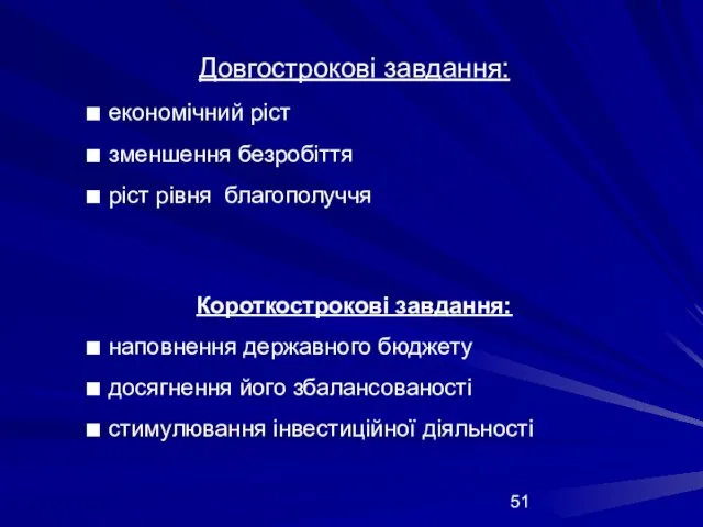 Довгострокові завдання: економічний ріст зменшення безробіття ріст рівня благополуччя Короткострокові завдання: