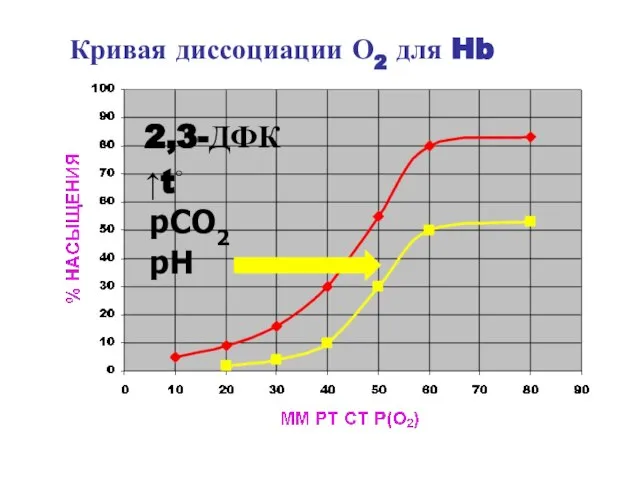 Кривая диссоциации О2 для Hb ↑t◦ pH pCO2 2,3-ДФК