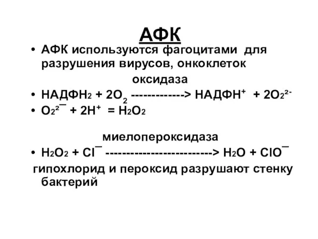 АФК АФК используются фагоцитами для разрушения вирусов, онкоклеток оксидаза НАДФН2 +