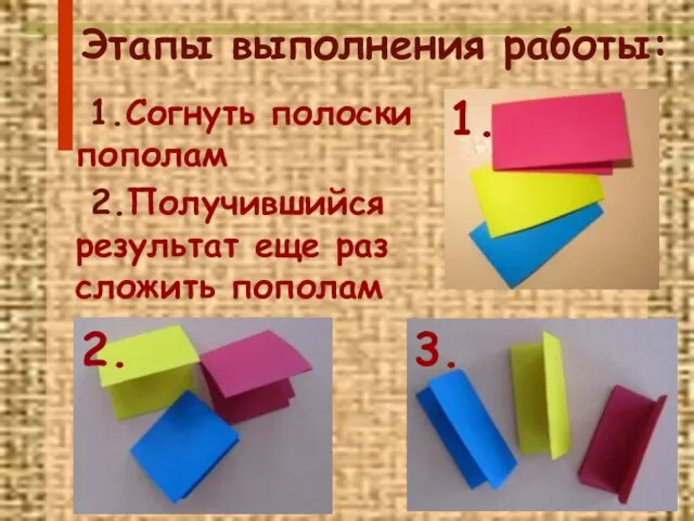 Этапы выполнения работы: 1.Согнуть полоски пополам 2.Получившийся результат еще раз сложить пополам 1. 2. 3.