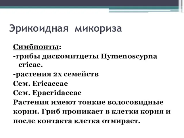 Эрикоидная микориза Симбионты: -грибы дискомитцеты Hymenoscypna ericae. -растения 2х семейств Сем.