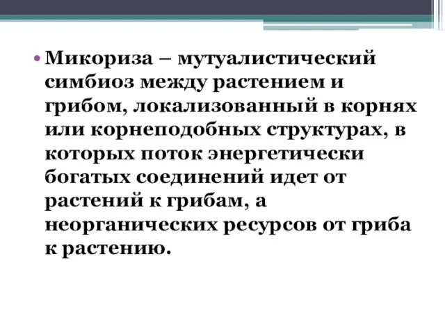 Микориза – мутуалистический симбиоз между растением и грибом, локализованный в корнях