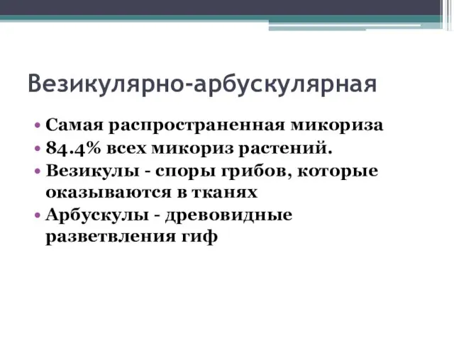 Везикулярно-арбускулярная Самая распространенная микориза 84.4% всех микориз растений. Везикулы - споры