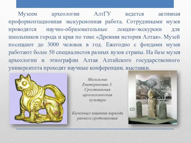 Музеем археологии АлтГУ ведется активная профориентационная экскурсионная работа. Сотрудниками музея проводятся