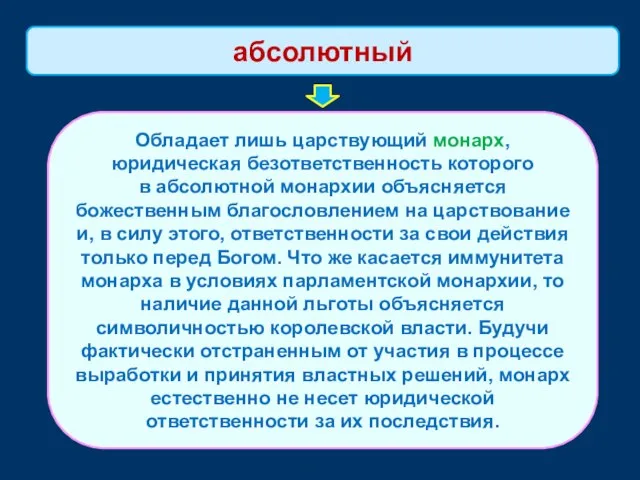 Обладает лишь царствующий монарх, юридическая безответственность которого в абсолютной монархии объясняется