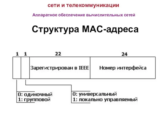 сети и телекоммуникации Аппаратное обеспечение вычислительных сетей Структура MAC-адреса