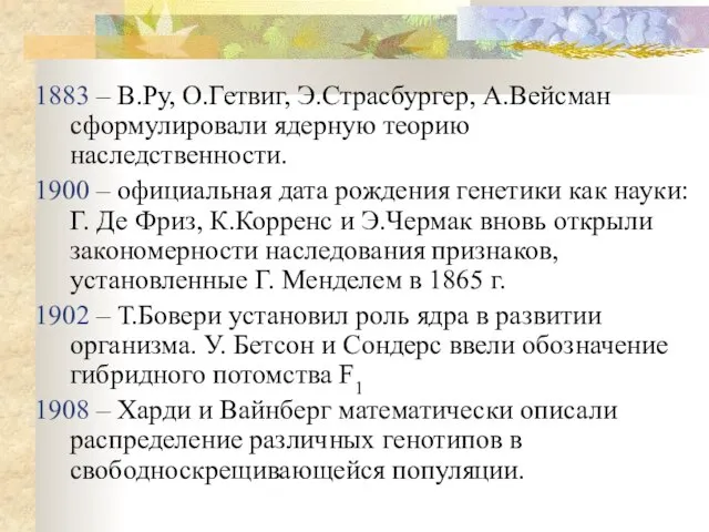 1883 – В.Ру, О.Гетвиг, Э.Страсбургер, А.Вейсман сформулировали ядерную теорию наследственности. 1900