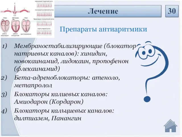 Мембраностабилизирующие (блокатор натриевых каналов): хинидин, новокаинамид, лидокаин, пропофенон (флекаинамид) Бета-адреноблокаторы: атеноло,