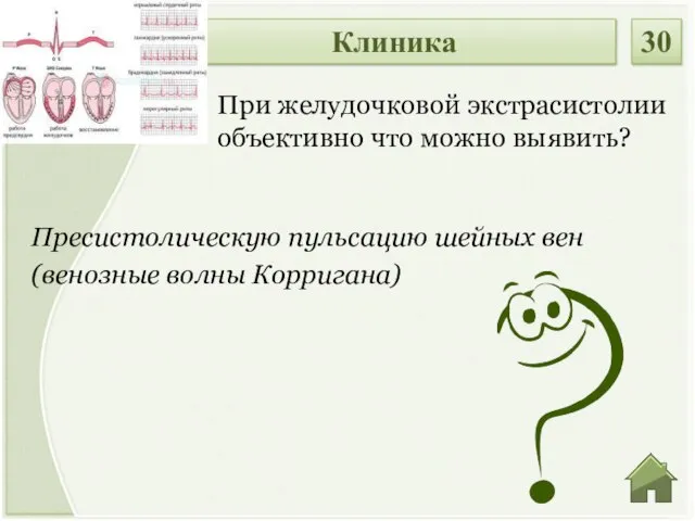 Пресистолическую пульсацию шейных вен (венозные волны Корригана) При желудочковой экстрасистолии объективно что можно выявить? Клиника 30