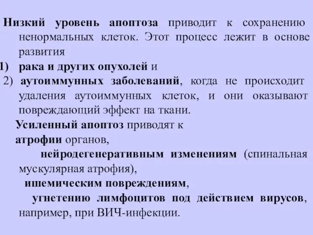 Низкий уровень апоптоза приводит к сохранению ненормальных клеток. Этот процесс лежит