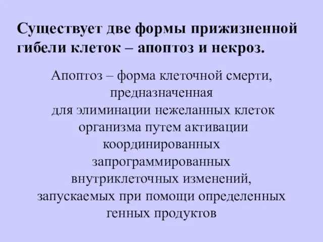 Существует две формы прижизненной гибели клеток – апоптоз и некроз. Апоптоз