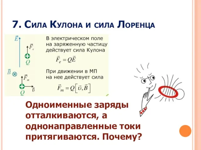 7. Сила Кулона и сила Лоренца Одноименные заряды отталкиваются, а однонаправленные токи притягиваются. Почему?