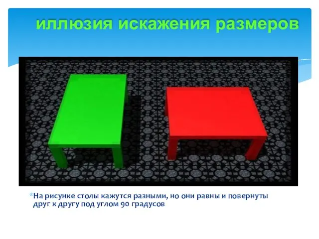 Это оптические иллюзии, заставляющие усомнится в истинных размерах объектов На рисунке