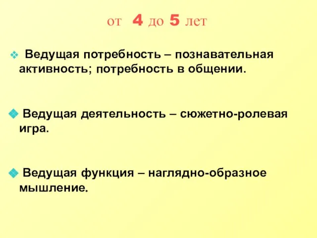 от 4 до 5 лет Ведущая потребность – познавательная активность; потребность