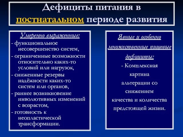 Дефициты питания в постнатальном периоде развития Умеренно выраженные: - функциональное несовершенство