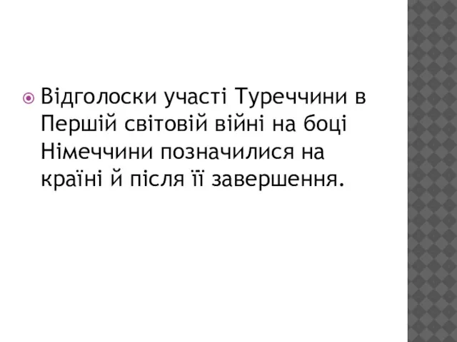 Відголоски участі Туреччини в Першій світовій війні на боці Німеччини позначилися