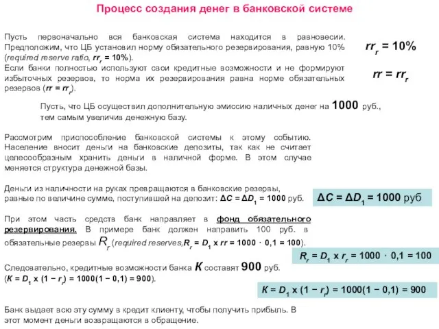 Процесс создания денег в банковской системе Пусть первоначально вся банковская система