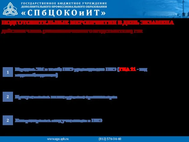 ПОДГОТОВИТЕЛЬНЫЕ МЕРОПРИЯТИЯ В ДЕНЬ ЭКЗАМЕНА Контролировать вход участников в ППЭ 2