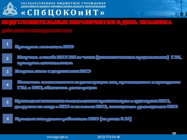 ПОДГОТОВИТЕЛЬНЫЕ МЕРОПРИЯТИЯ В ДЕНЬ ЭКЗАМЕНА Проверить готовность ППЭ 1 Провести инструктаж