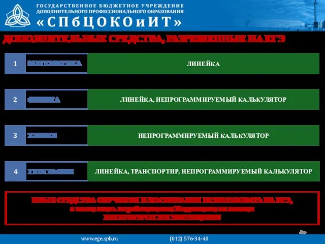 ДОПОЛНИТЕЛЬНЫЕ СРЕДСТВА, РАЗРЕШЕННЫЕ НА ЕГЭ www.ege.spb.ru (812) 576-34-40 МАТЕМАТИКА 1 ЛИНЕЙКА