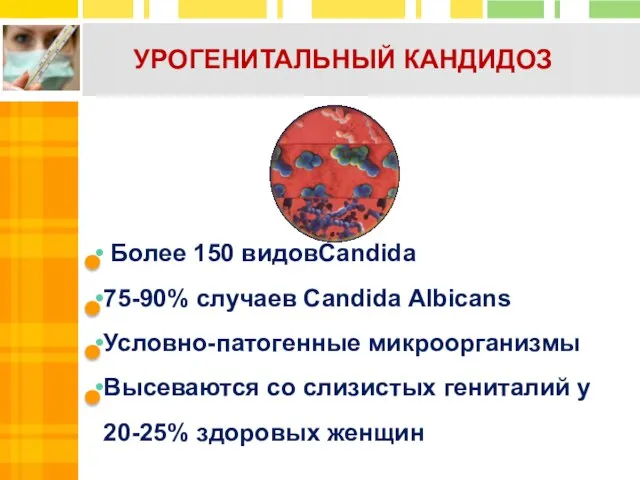 УРОГЕНИТАЛЬНЫЙ КАНДИДОЗ Более 150 видовCandida 75-90% случаев Candida Albicans Условно-патогенные микроорганизмы