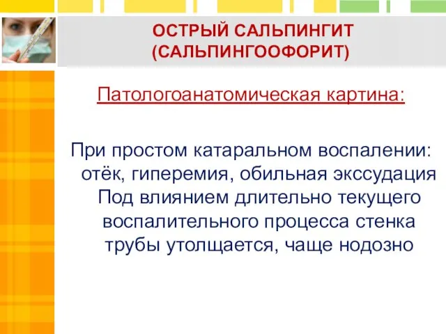 Патологоанатомическая картина: При простом катаральном воспалении: отёк, гиперемия, обильная экссудация Под