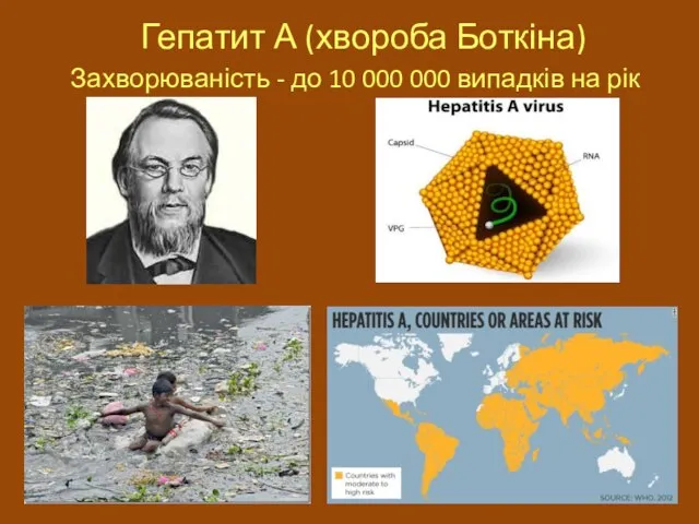 Гепатит А (хвороба Боткіна) Захворюваність - до 10 000 000 випадків на рік