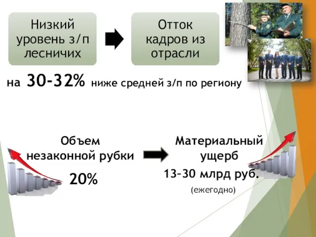 на 30-32% ниже средней з/п по региону Объем незаконной рубки Материальный