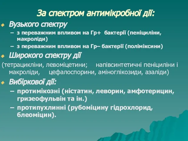 За спектром антимікробної дії: Вузького спектру з переважним впливом на Гр+